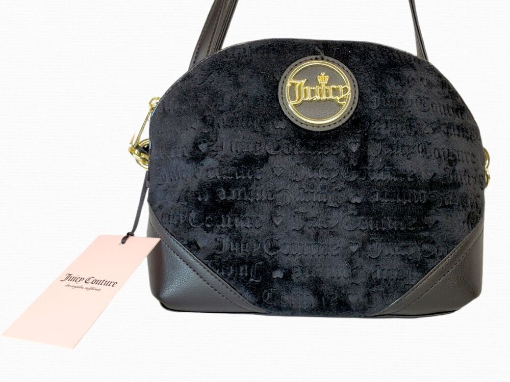 Juicy Couture Logo Heart Soul Black Velour If the Crown Fits Crossbody Bag NWT